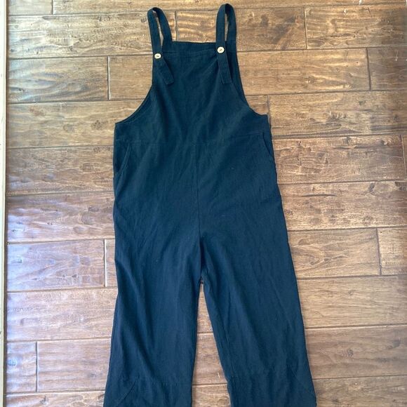 Jumpsuit 100% Cotton Womens Large Black Wide Leg Pedal Hem Laganlook Boho - Picture 1 of 7
